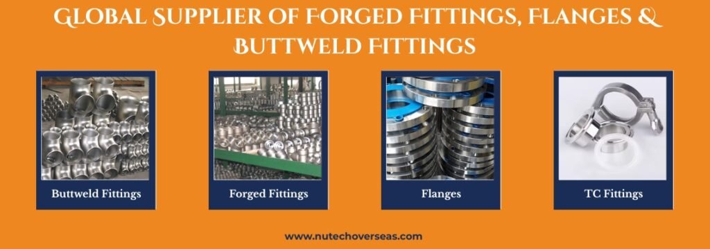 "High-quality forged fittings, flanges, and butt weld fittings displayed prominently, showcasing a variety of industrial components offered by a global supplier."